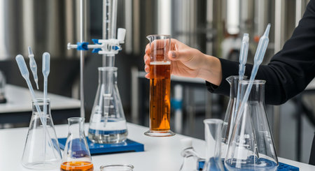 Woman in laboratory holding a measuring cylinder with liquid for quality control. Scientific experiment and research for food and beverage industry analysis.の写真素材