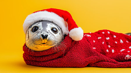 Adorable seal wearing Santa hat and cozy red blanket with white designs on yellow background. Concept of Christmas festive holiday spirit, joy, and cute animal decoration, funny animal.の写真素材