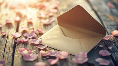 Empty Kraft Paper Card in Open Envelope Surrounded by Pink Petals on Rustic Wood. Concept of Romantic Messaging, Natural Elegance, Soft Romance, Vintage Aesthetics. Copy space.の写真素材