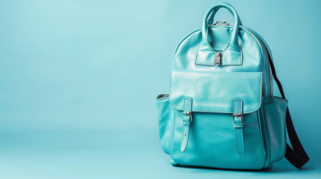 Trendy fashion women's backpack in vibrant turquoise on soft blue background. concept of stylish accessories, modern design, urban fashion, copy space.の写真素材