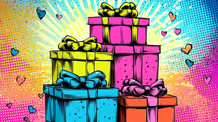 Vibrant Pop Art Illustration of Stacked Gift Boxes with Bows and Hearts Concept of Festive Celebration, Retro Style, and Colorful Design.の写真素材