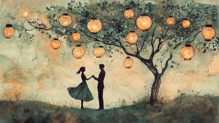 Watercolor Art of Couple Dancing Under Lantern-Lit Tree, Concept of Romance, Serenity, Love in...