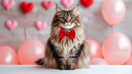 Fluffy Cat in Red Bowtie with Heart Balloons - Concept of Pet Adorability, Festive Decoration, Domestic Elegance. Valentine's Day.の写真素材
