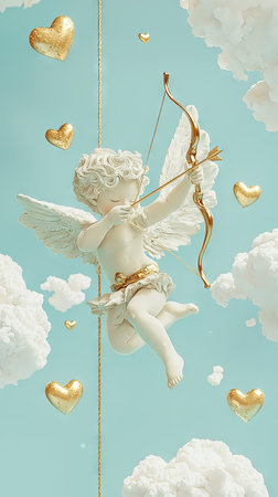 Modern Cupid with Delicate Wings Holding Bow Surrounded by Floating Golden Hearts and Clouds Art. Concept of Love, Romance, Mythology, and Fantasy. Valentine's Day. Vertical.の写真素材
