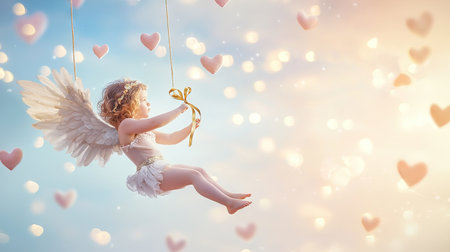 Young Child with Angel Wings Holding a Ribbon Surrounded by Hearts in a Dreamy Sky Art. Concept of Innocence, Fantasy, Whimsical Dreams in Ethereal Atmosphere. Valentine's Day. Copy space.の写真素材