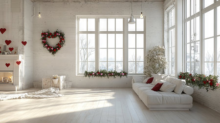 Modern Living Room with Heart Garlands and Cozy Sofa, Concept of Romantic Interior Design, Warm Home Atmosphere, Minimalistic Decor. Valentine's Day.の写真素材