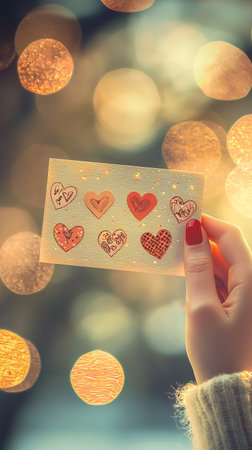 Hand Holding a Charming Valentine's Card with Illustrated Hearts Surrounded by Soft Lights - Concept of Romantic Gestures, Affection, Love Notes, and Warm Festive Atmosphere. Valentine's Day. Vertical.の写真素材