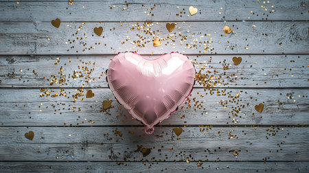 Pink Heart Balloon on Rustic Wooden Floor with Gold Confetti for Romantic Celebrations and Festive Decor Concepts. Valentine's Day. Copy space.の写真素材