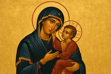 Theotokos and child religious iconography with sacred artistry and gold background in devotional illustration. concept of divine motherhood, christian symbolism, spiritual reverence.の写真素材