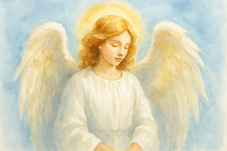 Beautiful christmas angel illustration with golden wings on a soft blue background. concept of heavenly art, spiritual guardian, festive holiday decoration.の写真素材