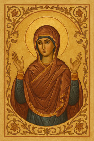 Icon of virgin mary in prayer with ornate floral borders and golden halo. concept of religious art, spirituality, byzantine iconography, vertical.の写真素材