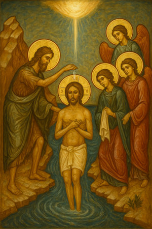 Baptism of jesus in the jordan river with angels in simple composition illustration concept of religious art, divine light, christian iconography, vertical.の写真素材