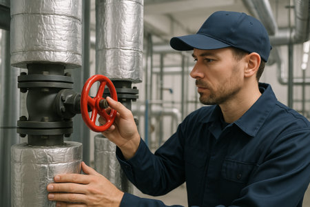Technician inspecting industrial pipe insulation for maintenance and safety in a facility. concept of technical expertise, operational safety, mechanical maintenance.の写真素材