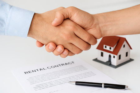 Business handshake over rental contract document with model house and pen on desk. concept of agreement, real estate deal, professional partnership.の写真素材