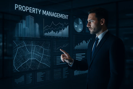Futuristic holographic office with interactive property management display featuring modern technology and analytics insights for business advancement.の写真素材