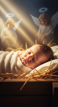 Little baby sleeping peacefully in a manger with shining angels watching over, representing the nativity scene for Christmas., vertical.の写真素材
