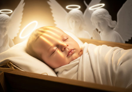 Baby sleeping in a manger surrounded by angels. Nativity scene for Christmas celebration. Holy birth and spiritual peace concept.の写真素材