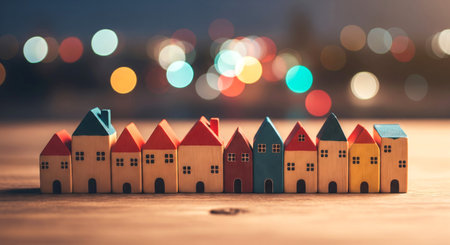 Row of colorful wooden house toys on a table with blurred lights in the background. Concept of real estate, community, property investment.の写真素材