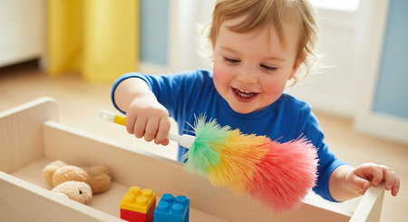 Happy child playing with colorful duster stick on floor at home. Toddler learning cleaning activity. Domestic life concept for family.の写真素材
