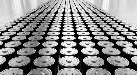 Array of many cylindrical batteries as a clean energy storage concept. Sustainable power source for electric vehicle or renewable energy system.の写真素材