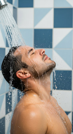 Caucasian man showering in bathroom, water flowing over his face. Daily hygiene for refresh and clean body. Personal care with closed eyes., vertical.の写真素材