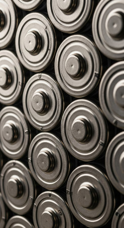 Close up view of many silver batteries arranged in rows. Energy storage and power source for electronic device. Rechargeable battery technology., vertical.の写真素材