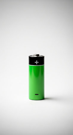 Single green battery on plain white background. Concept of power, energy source and sustainability for technology advertisement., vertical.の写真素材