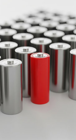 Red battery standing out among silver batteries. Power source, energy and electric storage concept. Symbol of individuality, leadership, innovation. For technology design., vertical.の写真素材