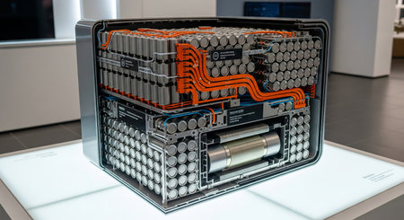 Close up of a modern electric car battery pack internal structure, showcasing cylindrical cells, and wiring. Advancing green energy technology and sustainable transportation.の写真素材