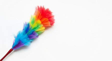 Rainbow colored feather duster on white background. Cleaning and tidying concept for home and office. Colorful tool for housekeeping.の写真素材