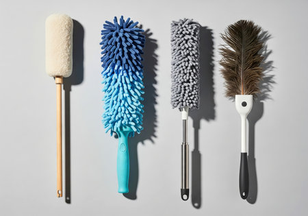 A row of different types of dusters, cleaning tools for household dust removal and maintenance for clean home.の写真素材