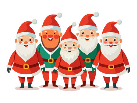 Group of cheerful santa claus and christmas elves isolated on white background. concept of holiday, festive spirit, winter celebration, illustration, decoration, holiday joy.のイラスト素材