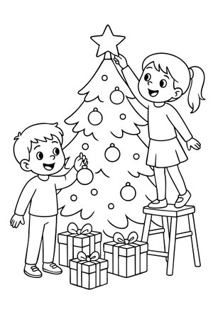 Christmas coloring page for children featuring kids decorating tree with star and ornaments, graphic illustration. holiday, family. black outlie, isolated on white background, vertical.のイラスト素材