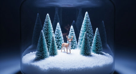 Miniature snow globe scene featuring a deer surrounded by snowy evergreen trees under a glass dome....