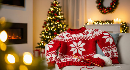 Cozy red knitted sweater with snowflake design on sofa in festive living room decorated for christmas with tree and wreath. concept of holiday warmth, seasonal decoration, christmas spirit.の写真素材