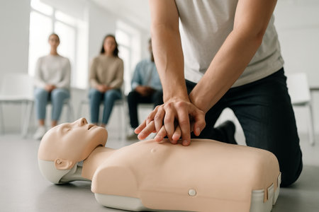 Man performing cardiopulmonary resuscitation on a dummy during first aid training class for...