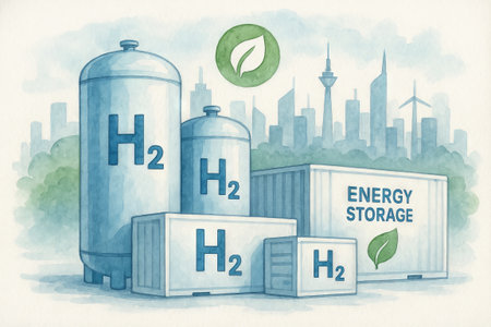 Hydrogen storage tanks and containers with city skyline and green leaf symbolizing clean energy. Sustainable energy storage concept for green technology.の写真素材