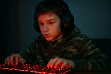 Boy playing video game with headset and glowing keyboard in dark room. Teenager gaming in online competition for e-sport and digital entertainment.の写真素材