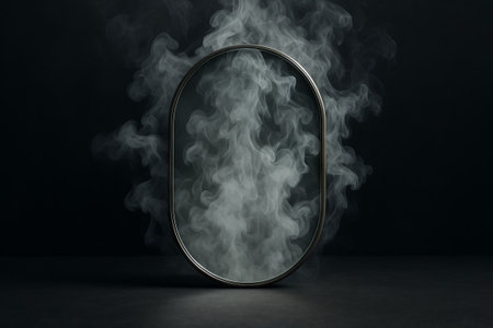 Oval frame with smoke inside and around it. Abstract dark background with dramatic vapor effect. Mysterious and elegant concept for product display.の写真素材