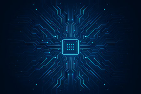 Blue circuit board with a central processor unit. Digital network connection concept for technology...