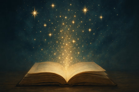 Open book with glowing particles and stars emerging from pages. Magic tale and storytelling...