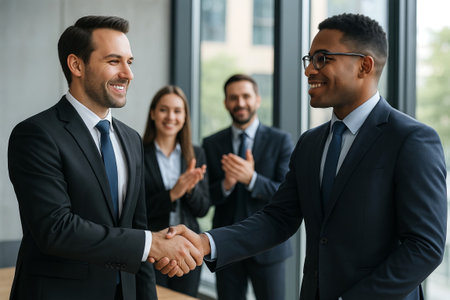Two men shaking hands in an office with colleagues clapping in the background. Business partnership and successful deal concept for corporate use.の写真素材