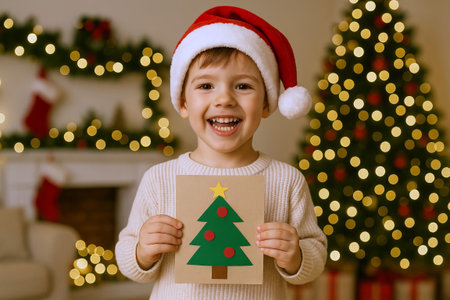 Boy in santa hat holding Christmas tree greeting card. Happy child smiling, craft creativity for holiday. Homemade gift for new year celebration.の写真素材