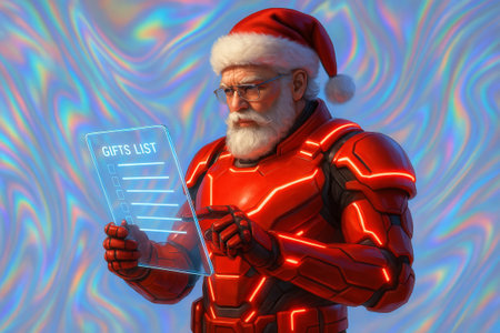 Old man dressed as futuristic Santa Claus with red robotic suit holding virtual transparent gift list. Christmas holiday technology.の写真素材