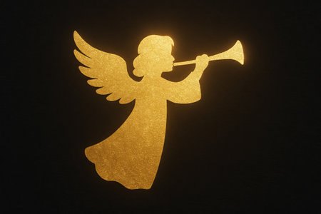 Silhouette of angel blowing trumpet illustration with glowing golden aura on dark background. concept of spiritual symbolism, celestial icon, divine message.の写真素材