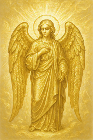 Golden guardian angel illustration with radiant halo and wings symbolizing protection and spirituality. concept of divine presence, heavenly beauty, celestial art, vertical.の写真素材
