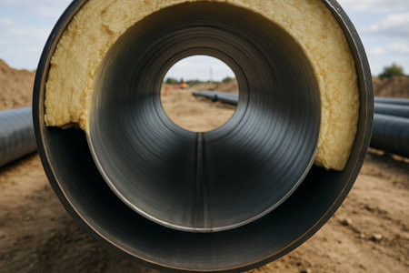 Pipeline cross section view in industrial setting highlighting structural details and engineering precision in modern infrastructure development.の写真素材