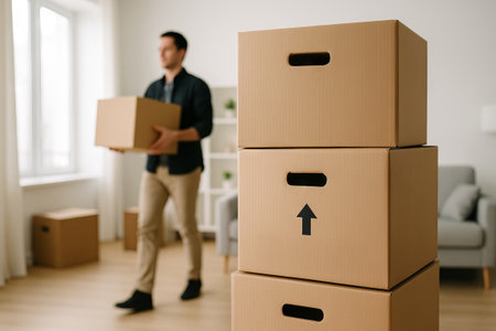 Man moving boxes in new apartment interior with minimalist decor. concept of relocation, fresh...