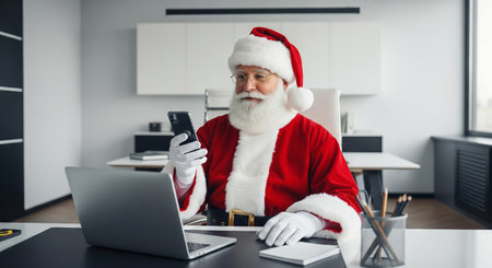 Santa claus using a smartphone in a modern office setting with laptop and holiday decor. concept of festive technology, christmas tradition, digital communication.の写真素材