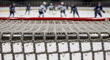 Ice hockey game with players in action on frozen rink behind hockey goal with snowy netting. concept...